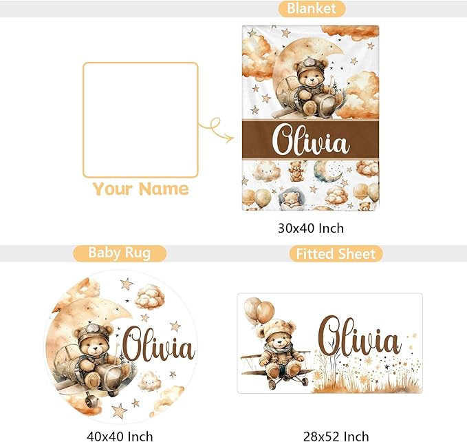 Personalized Baby Crib Bedding Set, 3 Pcs Custom Nursery Bedding Set with Name, Soft Double Layer Baby Crib Set for Boys Girls, Customized for Toddlers Infants, Brown Bear