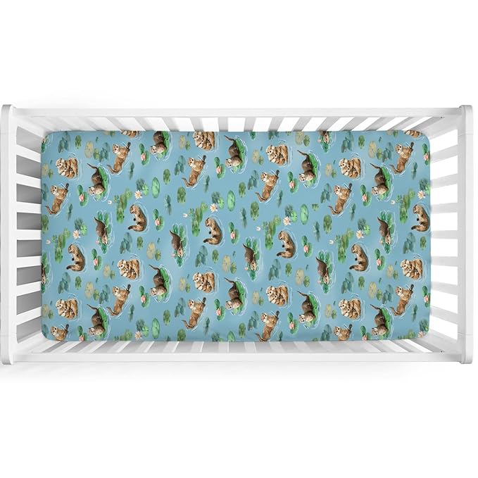 Cute Sea Otters Baby Crib Sheet - 52''x28'' Animal Snug Fitted Crib Mattress Cover for Boy & Girl - Watercolor Otters Pond Painting Soft Baby Bed Sheets for Standard Crib and Toddler Mattresses