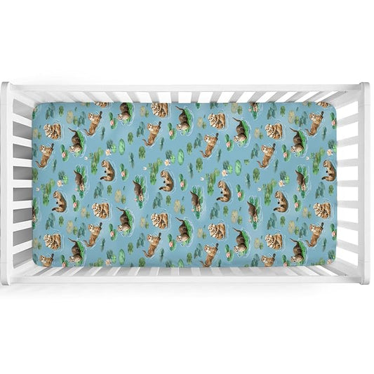 Cute Sea Otters Baby Crib Sheet - 52''x28'' Animal Snug Fitted Crib Mattress Cover for Boy & Girl - Watercolor Otters Pond Painting Soft Baby Bed Sheets for Standard Crib and Toddler Mattresses