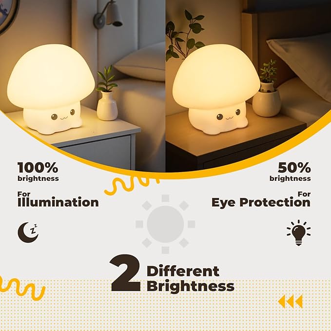 B BENEHORTI LED Squishy Animal Night Light - 2 Level Dimmable Nursery Lamp, Rechargeable Touch Lamp, Cute Dorm Decor - Perfect Boys Girls Gift (Cartoon Mushroom)