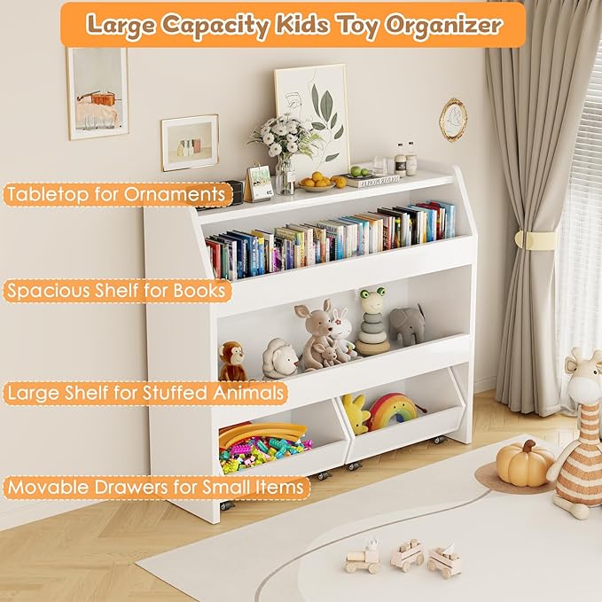 COZPAW Toy Storage Organizer, 3 Tier Montessori Shelf with Movable Bins, Toy Organizers Book Shelf for Kids Room, Playroom, Nursery (White)