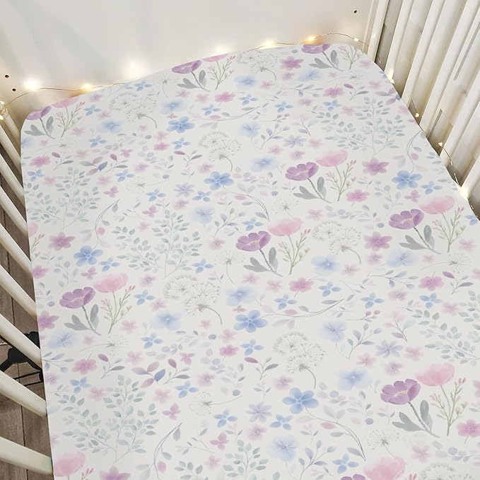 Whimsy Floral Watercolor Baby Crib Sheets for Boy Girl 28"x52" Pink Purple Wildflowers Soft Snug Fitted Crib Mattress Cover Boho Colorful Garden Flowers Baby Sheet for Crib & Toddler Bed Mattresses