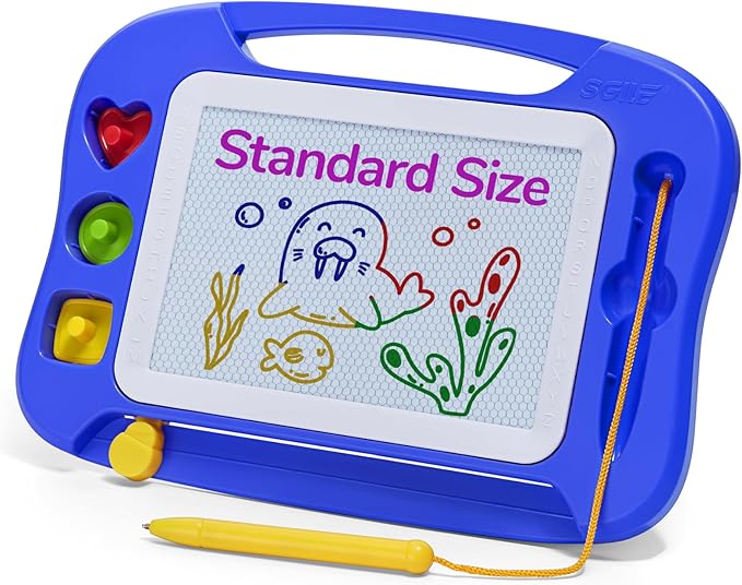 SGILE Magnetic Drawing Board for Kids, Toddlers Toys for 1 2 3 4 Year Old, Etch & Sketch Pad with 4 Stamps, Learning and Educational Toys for Boys Girls Gift, 25 x 18 CM (10 × 7 in), Blue