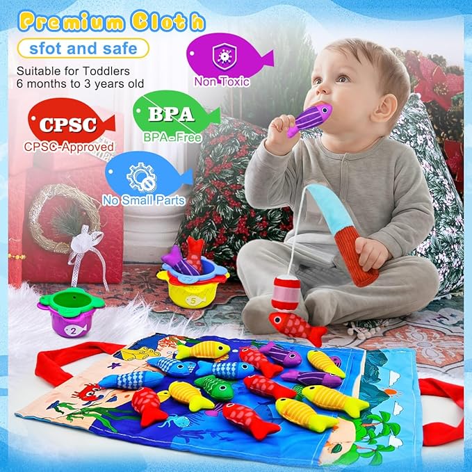 Montessori Toys for 1+ Year Old – 23 PCS Fishing Game with 2 Poles & 15 Fish, 10-in-1 Cloth Fishing Toys for Counting, Color & Shape Learning, Toys for 1 2 3 Year Old Boys Girls Gifts