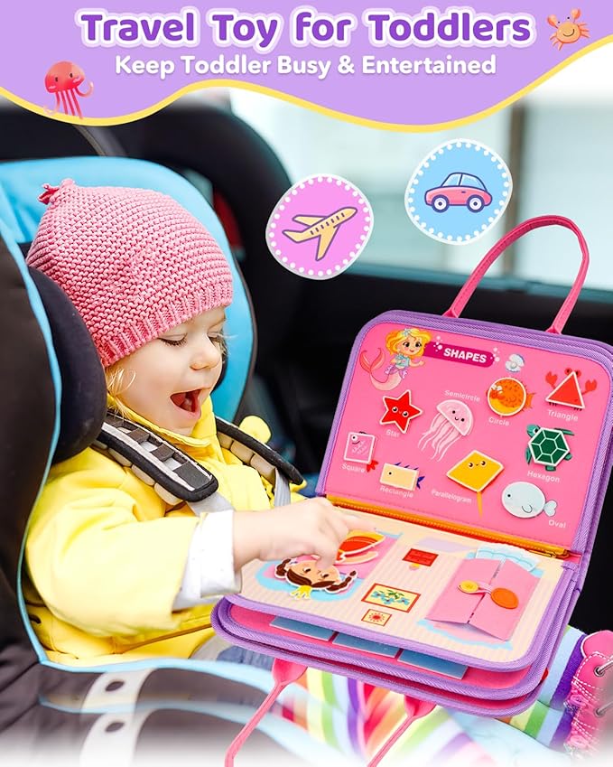 Toddler Busy Board, Montessori Toys for Toddler Girl Birthday Gifts, Learning Toys Sensory Busy Book Toys for Toddlers, Travel Educational Book for Airplane Car | Birthday Gift for Girls, Pink