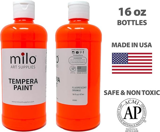 milo Fluorescent Neon Washable Paint | 16 oz Bottles 6 Colors | Made in the USA | Glows UV in Black Light | Safe & Non-Toxic Tempera Paint for Arts & Crafts, Poster, Window, Classroom, School, Project