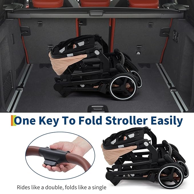 Tandem Double Stroller Newborn and Toddler, Foldable Twin Stroller with Reversible Seat, 5-Point Safety Harness, Adjustable Backrest & Canopy, Storage Basket