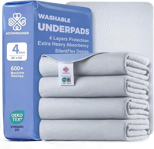 Accompagner Waterproof Reusable for Adults and Pets Washable Pee Pads for Dogs Changing Pad Large Dog Bed Size Adults Incontinence Bed Pads - Non-Slip Leak-Proof (Pearl Gray, 4Pack-36" x54")