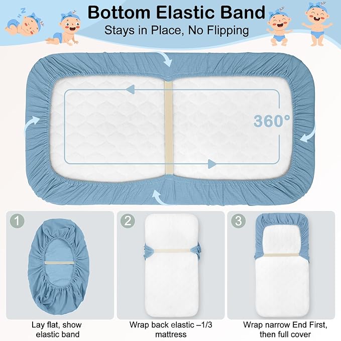 Baby Bassinet Sheets TPU Waterproof 2 Pack Soft Muslin Bedside Bassinet Mattress Sheets with Bottom Elastic Band for Baby Boy Girls Unisex Fit Hourglass Oval and Rectangle, Dusty-Blue