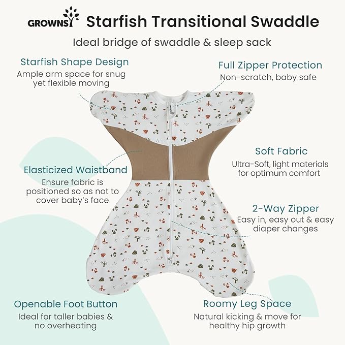 GROWNSY Transitional Swaddle Sleep Sack 6-12 Months, Starfish Design Baby Swaddle Sack, Dual-Zipper for Easy Diaper Changes, Proper Hip Development & Openable Foot Button, 19-27 lbs, Bear Forest