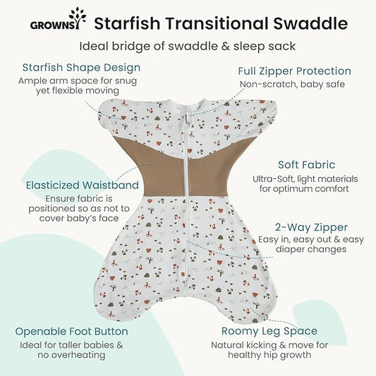 GROWNSY Transitional Swaddle Sleep Sack 6-12 Months, Starfish Design Baby Swaddle Sack, Dual-Zipper for Easy Diaper Changes, Proper Hip Development & Openable Foot Button, 19-27 lbs, Bear Forest