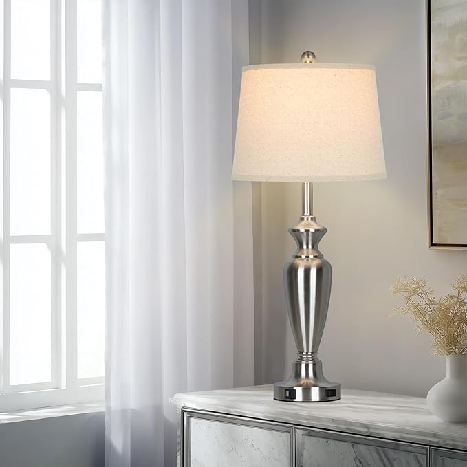 Cinyirong 30" Tall Silver Table Lamps Set of 2 for Living Room, 3-Way Dimmable Touch Control Bedside Lamps for Bedroom Nightstand with USB A+C Ports & AC Outlet (2 LED Bulbs Included)