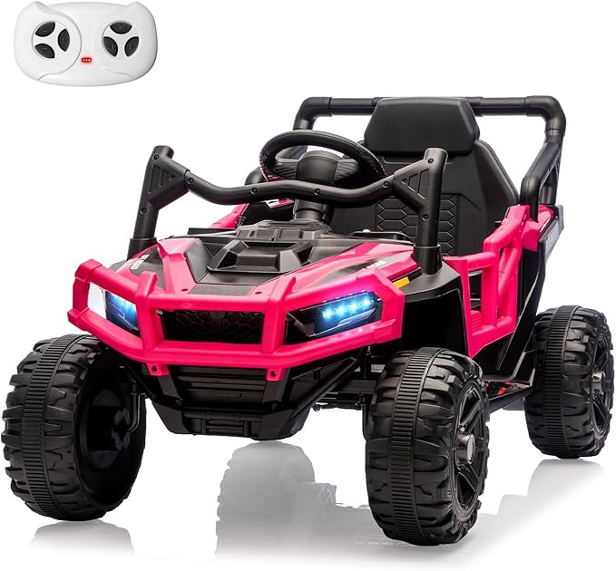 12V Kids Ride on Truck Car with Remote Control, Electric Off-Road UTV for Toddlers, Bluetooth Music, Suspension System Safety Belt, Electric Vehicles Gift for Boys & Girls-Rosy