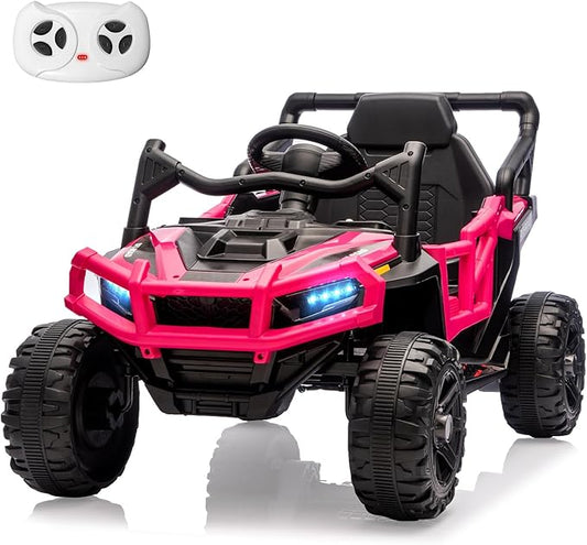 12V Kids Ride on Truck Car with Remote Control, Electric Off-Road UTV for Toddlers, Bluetooth Music, Suspension System Safety Belt, Electric Vehicles Gift for Boys & Girls-Rosy