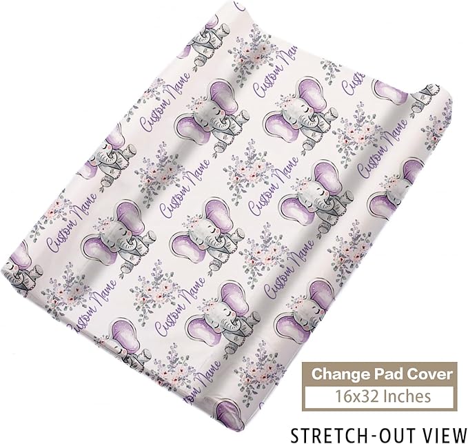 Custom Name Crib Bedding Set 3-Piece – Light Purple Elephant Design Baby Bedding Set with Personalized Soft Blanket, Fitted Sheet, Changing Pad Cover – Ideal Newborn Gift for Boys and Girls