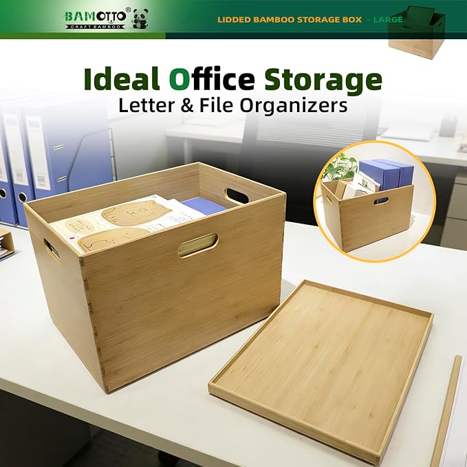 BAMOTTO Lidded Bamboo Storage Bins & Box/Cube/Basket, Home Kitchen and Office Storage Boxes with Handles & Stackable for Organizer Tableware, Crafts, Office Shelf Books, Large, 14.6”x10.2”x9.6”