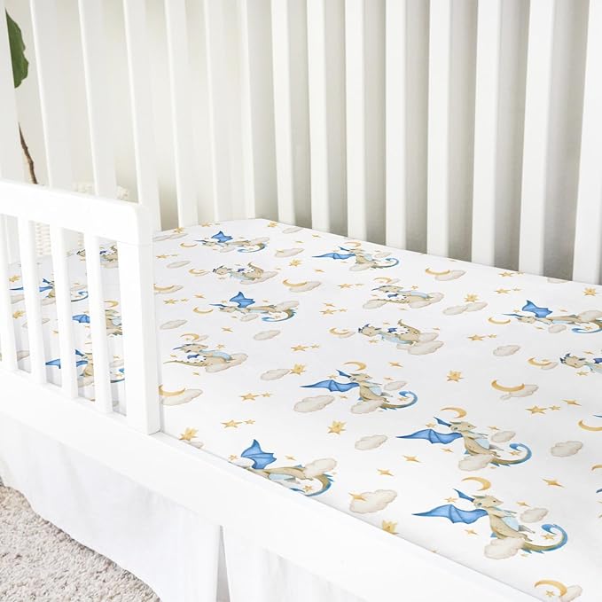 Cartoon Fairy Tale Dragon Moon Stars Clouds Baby Crib Sheets 52''x28'' Watercolor Dragons Stretchy Fitted Crib Mattress Cover for Boy Girl Soft Bed Sheet for Standard Crib and Toddler Mattress