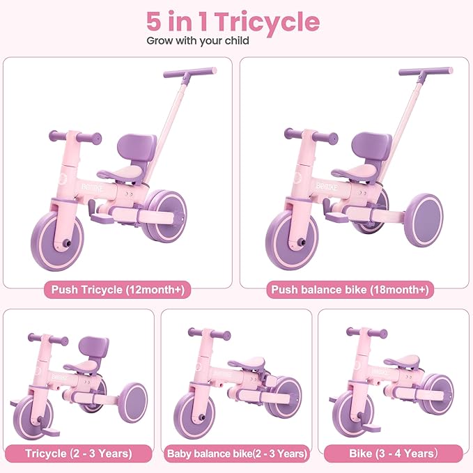 Bobike 5-in-1 Tricycle for Toddlers 18 Months to 5 Years Old, Kids Tricycle with Push Handle and Backrest, Toddler Balance Bike with Easy Assembly for Boys and Girls (Purple)