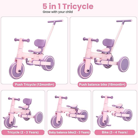 Bobike 5-in-1 Tricycle for Toddlers 18 Months to 5 Years Old, Kids Tricycle with Push Handle and Backrest, Toddler Balance Bike with Easy Assembly for Boys and Girls (Purple)