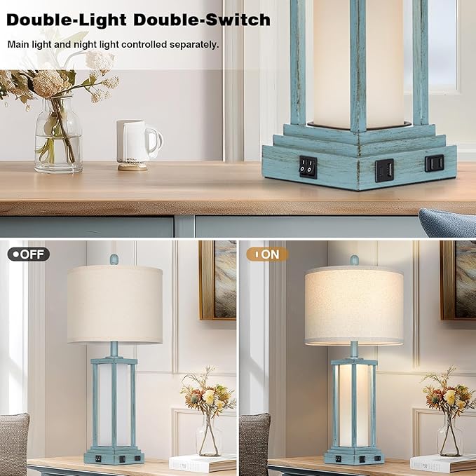 Cinkeda 27" Tall Vintage Table Lamp Set of 2 with USB C+A & Outlet,Nightstand Lamp for Living Room,Coastal Bedside Lamps with Frosted Glass Night Light for Bedroom Entryway,Blue