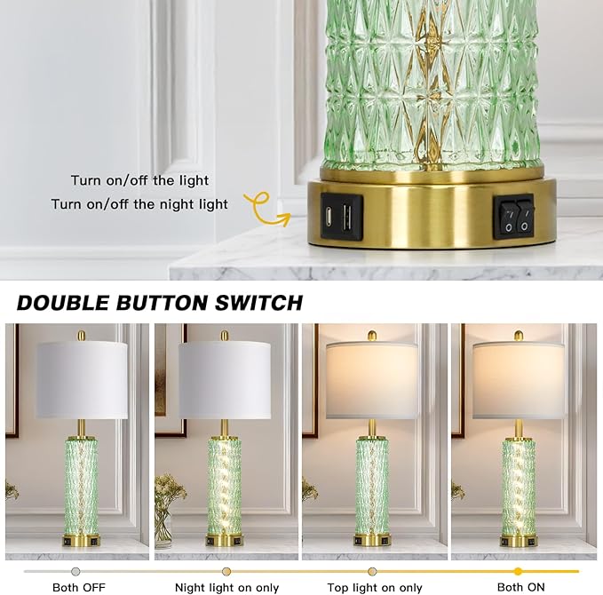 luxeflow 28" Green Glass Table Lamps Set of 2, Green Modern Bedside Lamp with LED Night Light, USB A+C, Glass Lamps for Living Room, Bedroom, Nightstand, Office, End Table (2 Bulbs Included)