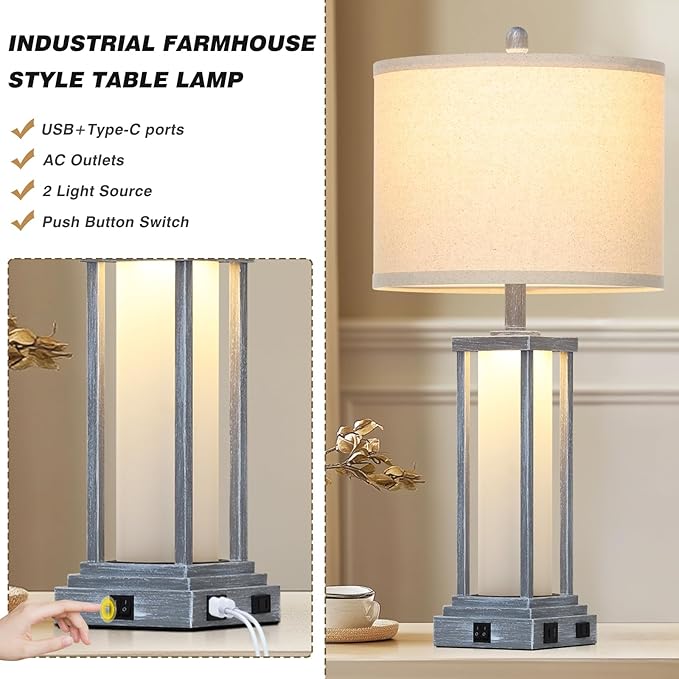 Cinkeda 27" Tall Vintage Table Lamp Set of 2 with USB C+A & Outlet,Gray Nightstand Lamp for Living Room,Retro Bedside Lamps with Frosted Glass Night Light for Bedroom Entryway,Grey