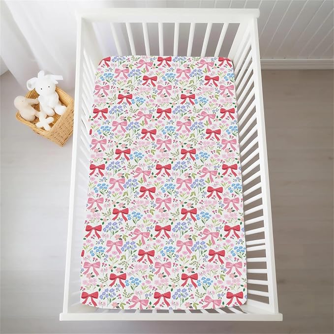Preppy Pastel Floral Bows Baby Crib Sheets Pink Girly Floral Bows Soft Snug Fitted Crib Mattress Covers for 52''x28'' Standard Crib & Toddler Mattress Boho Spring Flowers Leaves Baby Bed Sheets