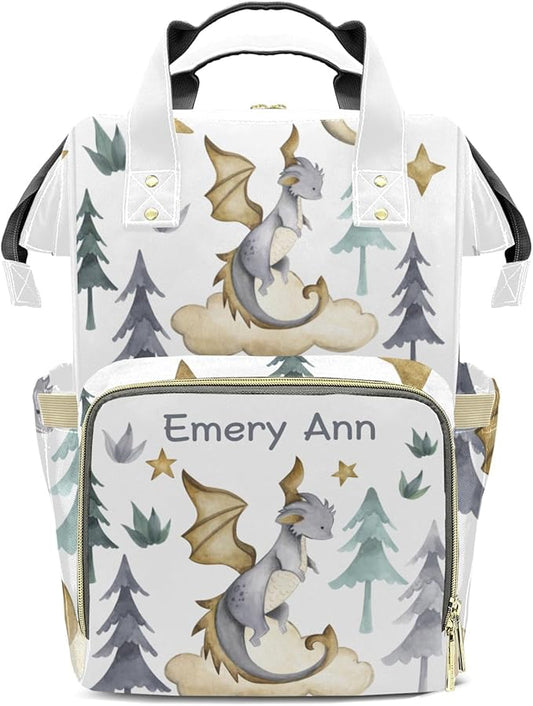 Personalized Cute Dragon Watercolor Custom with Name Diaper Bag Backpack For Baby Boy Girl Dad Mom Unisex for Adult Daypack Holiday Gift
