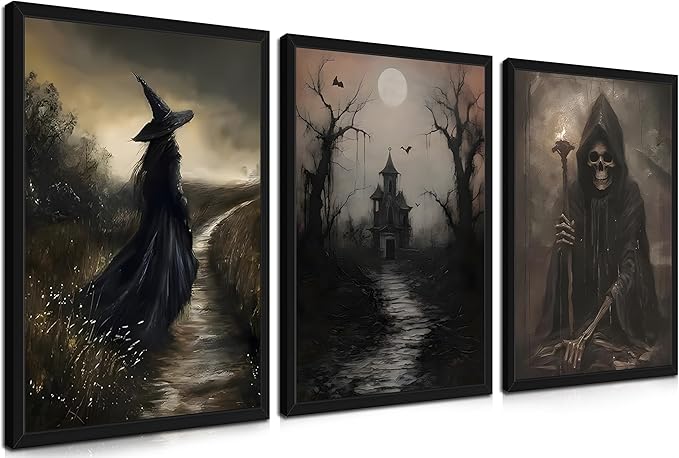 Framed Dark Academia Wall Art Set of 3, Vintage Gothic Skull Witch Wall Decor Paintings, Rustic Moody Spooky Haunted House Prints Pictures for Halloween Living Room 16x24 Inch