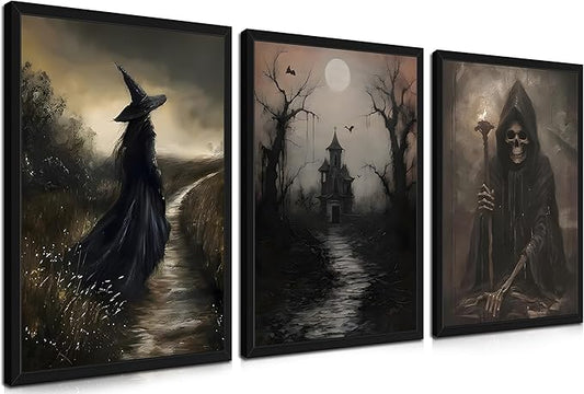 Framed Dark Academia Wall Art Set of 3, Vintage Gothic Skull Witch Wall Decor Paintings, Rustic Moody Spooky Haunted House Prints Pictures for Halloween Living Room 16x24 Inch