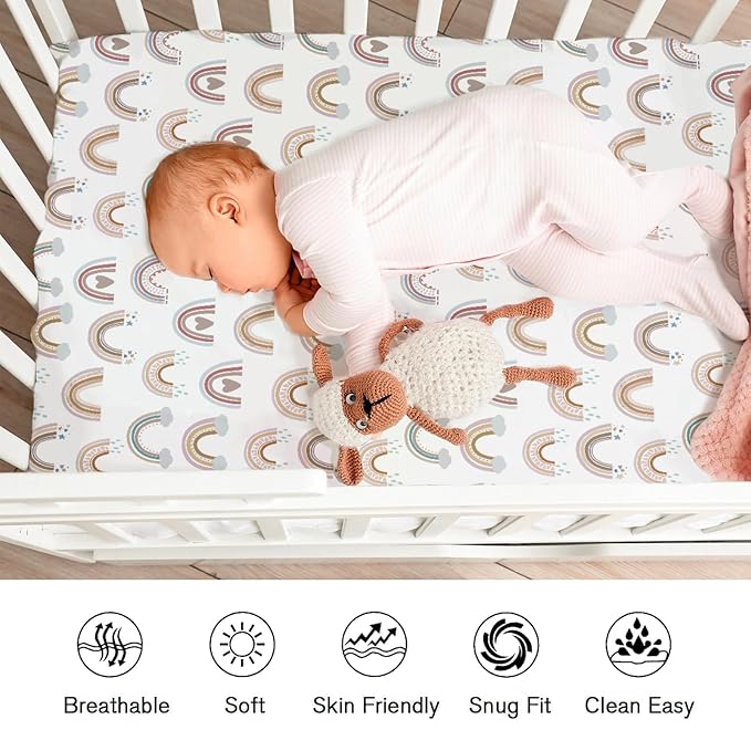 Boho Rainbows Hearts Baby Crib Sheets Boy Girl 52"x28" Colorful Rainbow Cloud Star Soft Breathable Crib Mattress Cover Rainbow Lovers Gift Fitted Baby Sheet for Standard Crib and Toddler Bed Mattress