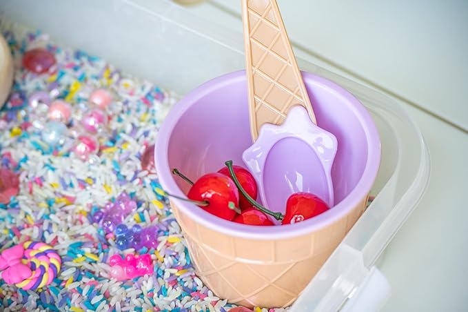 Sweets Shop Sensory Bin Kit for Kids – Bright Rainbow Rice, Candy Erasers, Donut Containers & Wooden Tools – Includes Clear Storage Bin