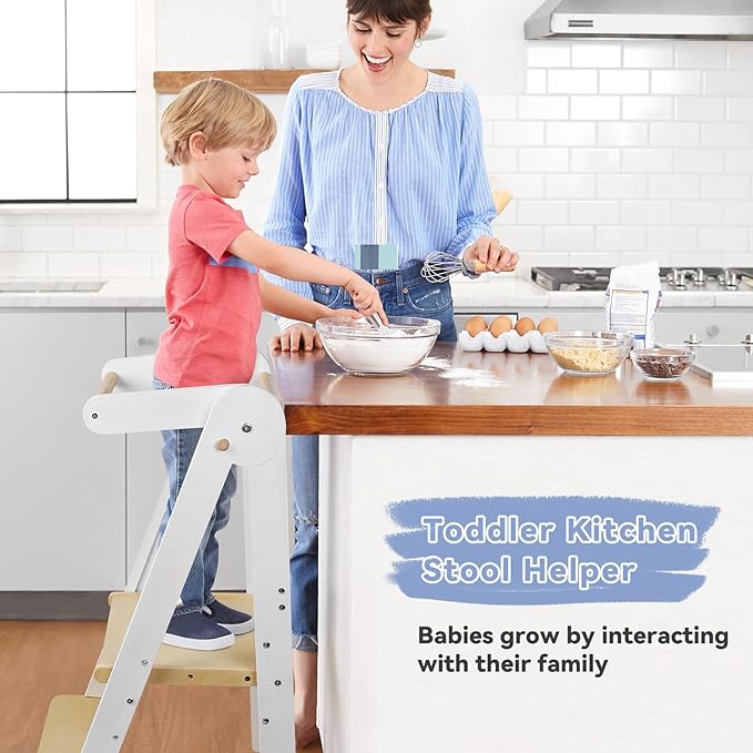Foldable Toddler Step Stool for Kitchen - Adjustable Wooden Kitchen Helper with Safety Rail & Anti-Tip Feet, Montessori Counter Standing Tower for Kids 2-6 Years (White)