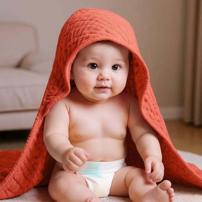VitalCozy 6 Pcs Baby Muslin Hooded Bath Towels and Washcloths Muslin Cotton Hooded Baby Towels Absorbent Blankets for Gift Newborn Infant Shower (35 x 35 Inch,Cherry Red,Coral)