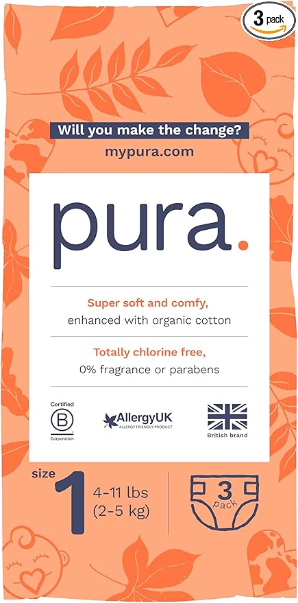Pura Sensitive Skin Newborn Baby Diapers Trial Pack, Size 1 (4–11 lbs), Totally Chlorine Free, Wetness Indicator, Soft & Gentle, Overnight, Hypoallergenic, Plant-Based 3- Diaper Try Me Pack