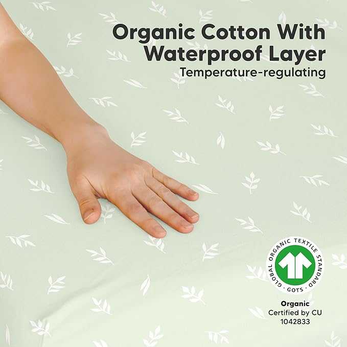 2 Pack and Play Sheets, Waterproof Mini Crib Sheets Fitted - 38x26 Organic Cotton Pack N Play Sheets for Graco Pack and Play Mattress, Playard Baby Crib Sheets, Neutral for Boy, Girl, Toddler (Herb)
