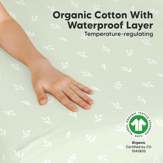 2 Pack and Play Sheets, Waterproof Mini Crib Sheets Fitted - 38x26 Organic Cotton Pack N Play Sheets for Graco Pack and Play Mattress, Playard Baby Crib Sheets, Neutral for Boy, Girl, Toddler (Herb)