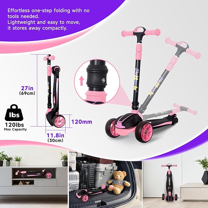 Nattork Kids Scooter for Age 3-8, Toddler Scooter with 4 Adjustable Height for Boys & Girls, Light Up 3-Wheels Foldable Kick Scooter, Lean to Steer, 120LB Weight Capacity