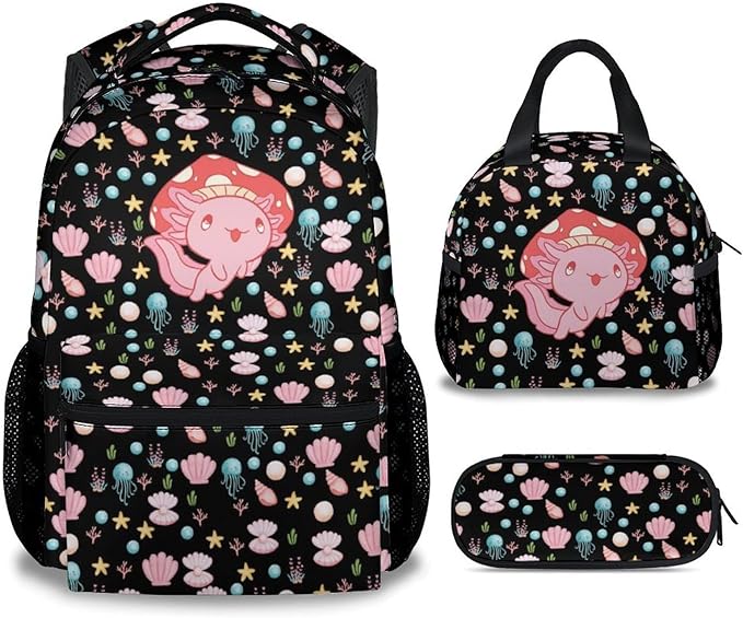 Mercuryelf Axolotl Girls Backpack with Lunch Box Set, 3 in 1 School Travel Backpacks Matching Combo, Black Cute Bookbag and Pencil Case Bundle