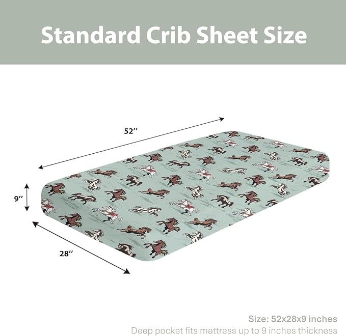 Vintage Wild Horses Baby Crib Sheets for Boy Girl 28"x52" Running Horse Soft Stretchy Fitted Crib Mattress Covers Wild Western Cowboy Animal Nursery Baby Sheet for Crib & Toddler Bed Mattress Green