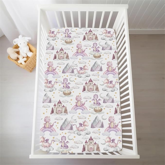 Pink Baby Dragons Crib Sheets for Boy Girl Fairytale Dragon Castle Trees Moon Rainbow Soft Stretchy Fitted Crib Mattress Cover for 52''x28'' Standard Crib & Toddler Mattress Fantasy Animal Bed Sheet