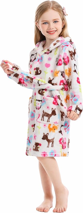 Toddler Robes Cute Pattern Bathrobe Unisex Kids Robe Baby Flannel Hoodie Pajamas Sleepwear