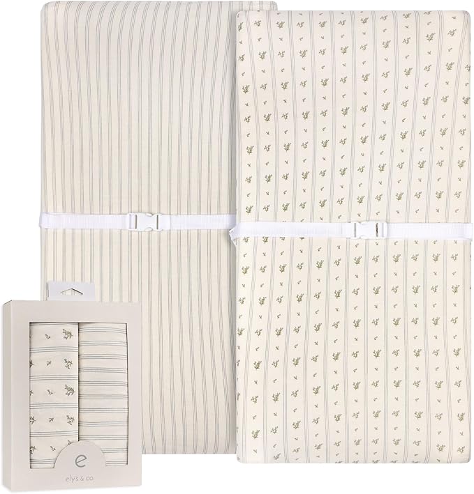 Ely’s & Co. Changing Pad Cover | Cradle Sheets, 2 Pack Diaper Changing Table Sheets for Baby Boys, 100% Jersey Knit Cotton, 32”x16”x5” Blue Linear Berry Leaf Collection