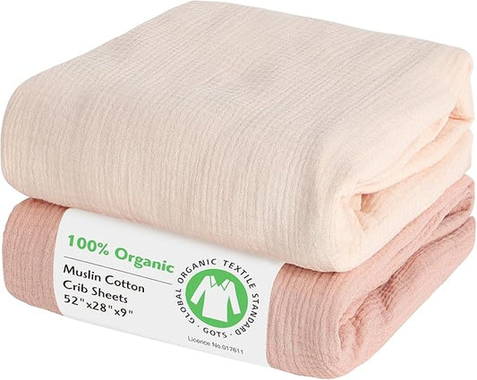 Baby Organic Fitted Crib Sheets 2 Pack 100% Organic Cotton Muslin 52x28 Inches, Ultra Breathable and Soft Sheet Fits All Standard Crib Mattress Sheet Neutral Toddler Bedding for Baby Boys Girls