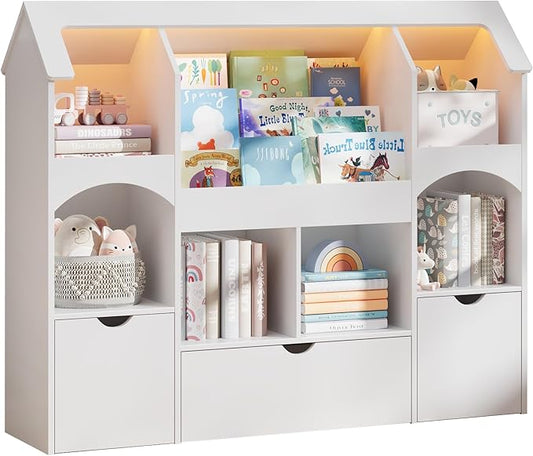 Halitaa Kids Bookshelf with Toy Storage, Castle-Shaped Bookshelf with 3 Movable Drawers and LED Lights, Toy Storage Organizer with 3-Tier Book Rack for Kids Room, Playroom, Nursery