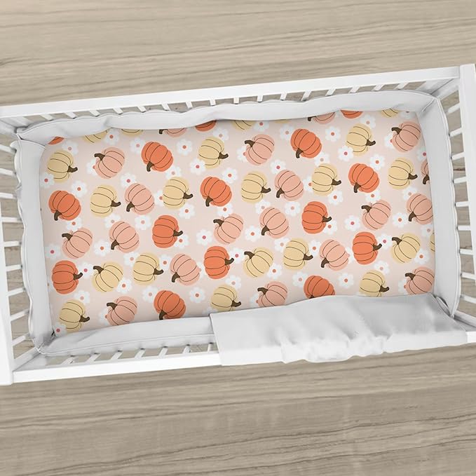 Autumn Pumpkin Boho Floral Baby Crib Sheets Fall Pumpkin Flowers Fitted Crib Mattress Cover Autumn Thanksgiving Harvest Toddler Baby Sheet for Standard Crib 28x52in