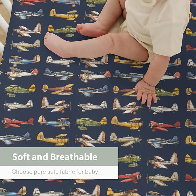 Vintage Planes Airplanes Helicopters Baby Crib Sheets Boy Girl 28"x52" Navy Plane Models Aircraft Soft Stretchy Fitted Crib Mattress Cover Baby Sheet for Standard Crib & Toddler Mattress Pad