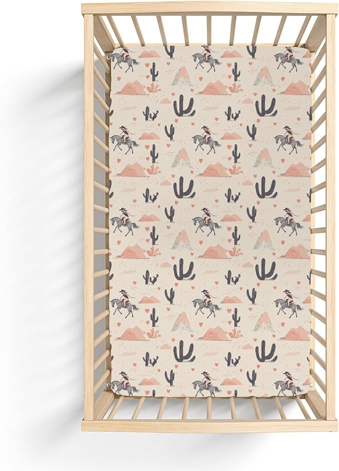 Vintage Western Cowgirl Love Baby Crib Sheets for Boy Girl 28"x52" Retro Cowgirl Horse Cactus Soft Stretchy Fitted Crib Mattress Cover Baby Sheet Fits for Standard Crib and Toddler Mattresses