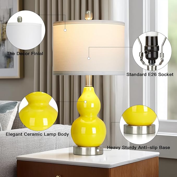 luxeflow Double Gourd Ceramic Table Lamps Set of 2, Yellow Modern Bedside Lamps for Living Room, Contemporary Nightstand Desk Lamps for Bedroom End Table Home Office Decor(2 LED Bulbs Included)