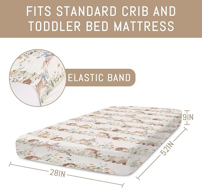 Pastel Animals Bows Floral Mushroom Baby Crib Sheets for Boy Girl Cute Bear Deer Bunny Hedgehog Soft Snug Fitted Crib Mattress Covers for 52''x28'' Standard Crib & Toddler Mattress Nursery Bed Sheets
